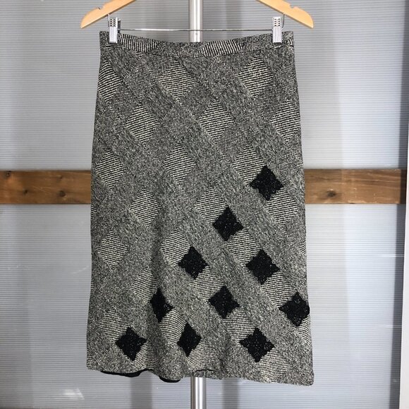 VTG Francesca Mammoliti Wool Herringbone Tweed Lace Diagonal Midi Skirt Sz M - Picture 1 of 13